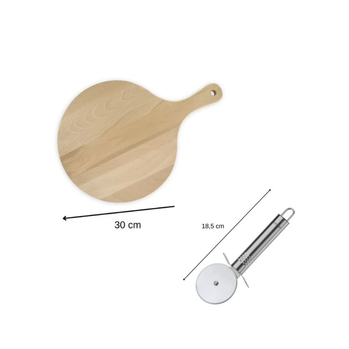 2 Planches à pizza et tarte flambée en bois 30 cm et Roulette à pizza en inox Fackelmann - Image 3