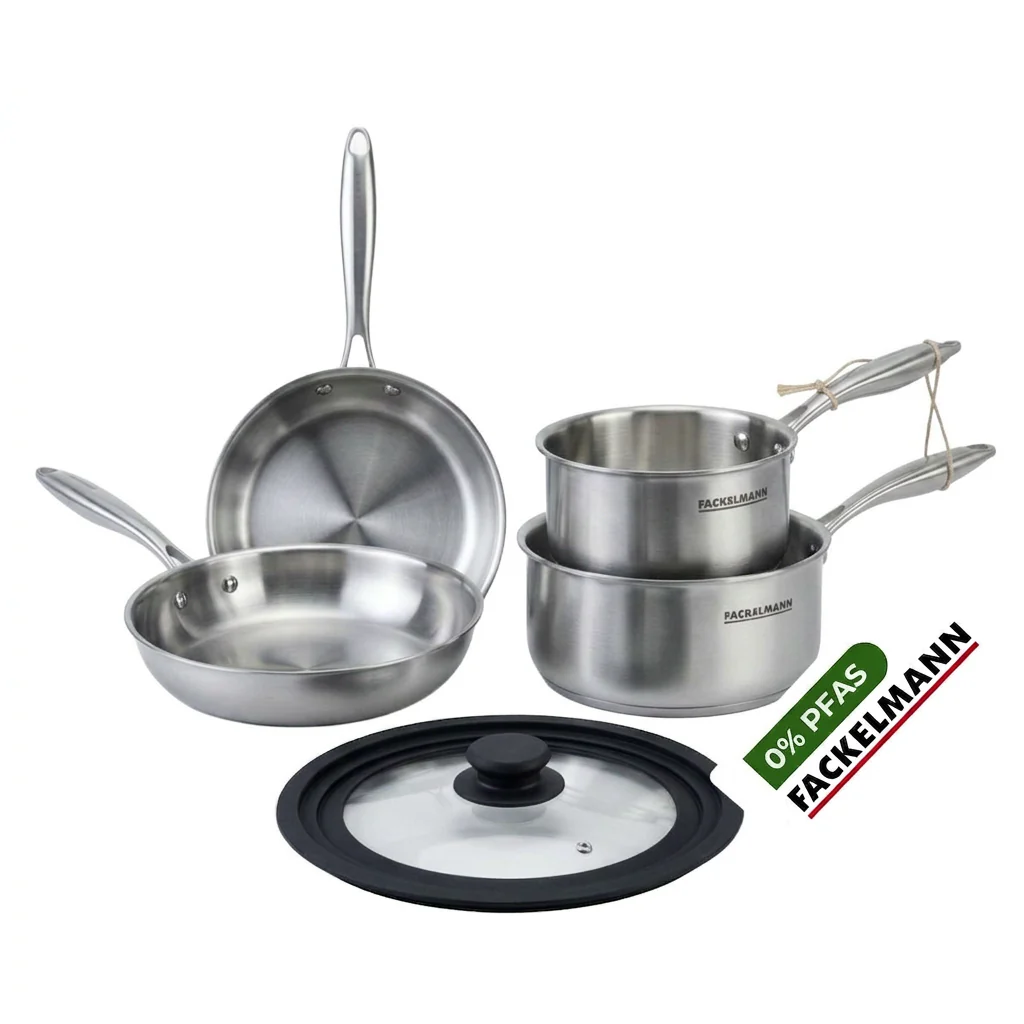 Batterie de cuisine avec 2 poêles 20/24 cm et 3 casseroles 14/16/18 cm avec 1 couvercle de cuisson universel sans PFAS Fackelmann Vita3