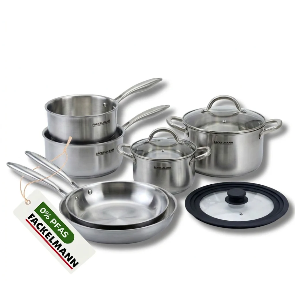 Poêles à Frire 20 28 cm, Casseroles 14 16 et 18 cm, Faitouts 20 24 cm inox 18/10 Triply et Couvercle Fackelmann Vita3