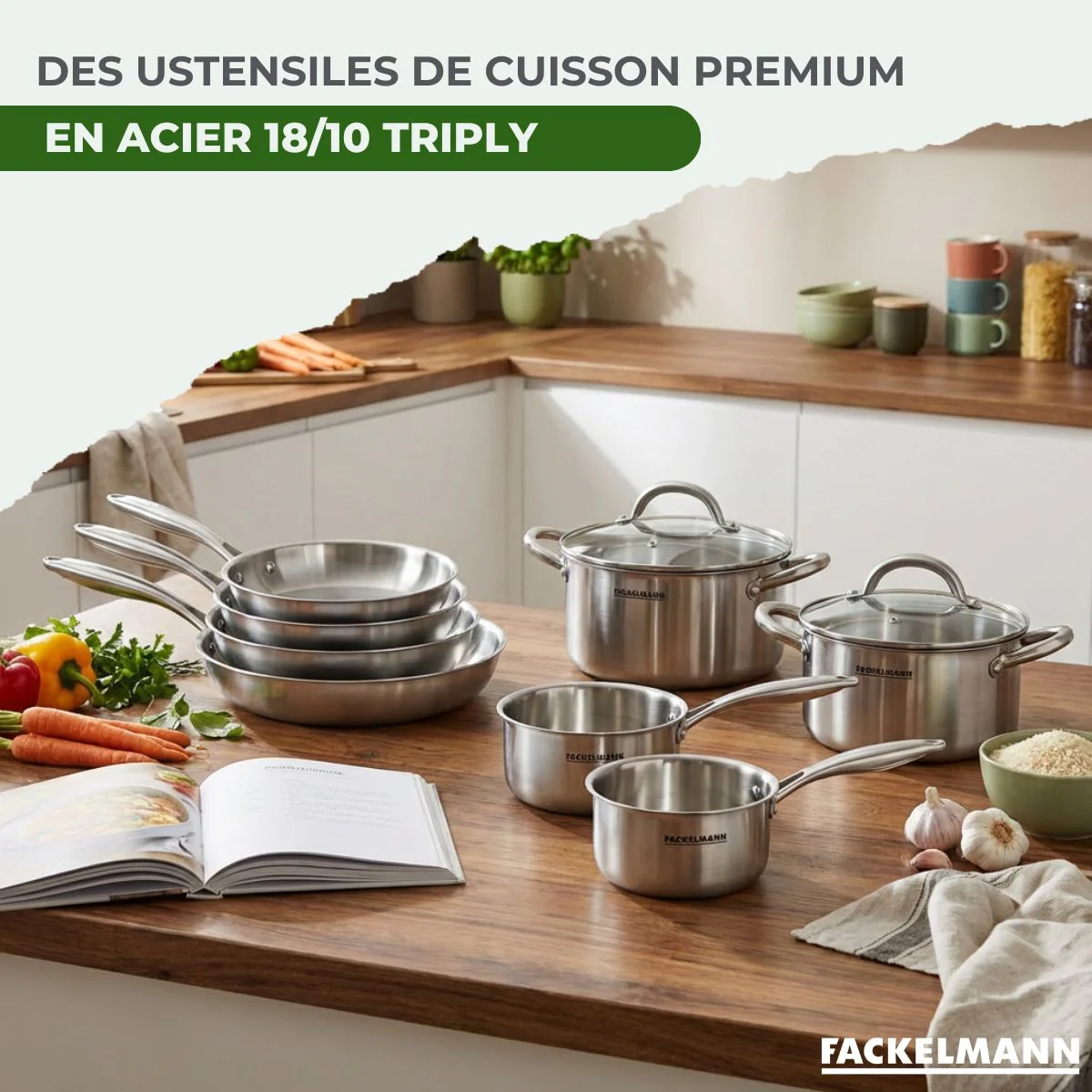 Poêles à Frire 20 26 cm, Casseroles 14 16 et 18 cm, Faitouts 20 24 cm inox 18/10 Triply et Couvercle Fackelmann Vita3 - Image 4