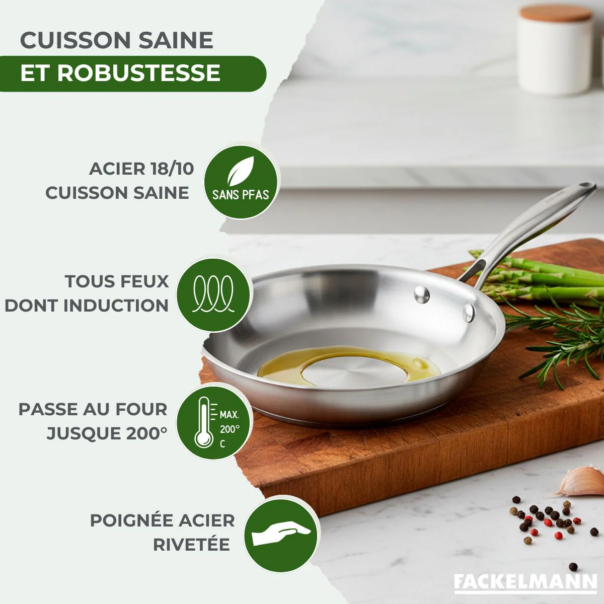 Batterie de cuisine avec 2 poêles 24/26 cm et 3 casseroles 14/16/18 cm en inox sans PFAS Fackelmann Vita3 - Image 3