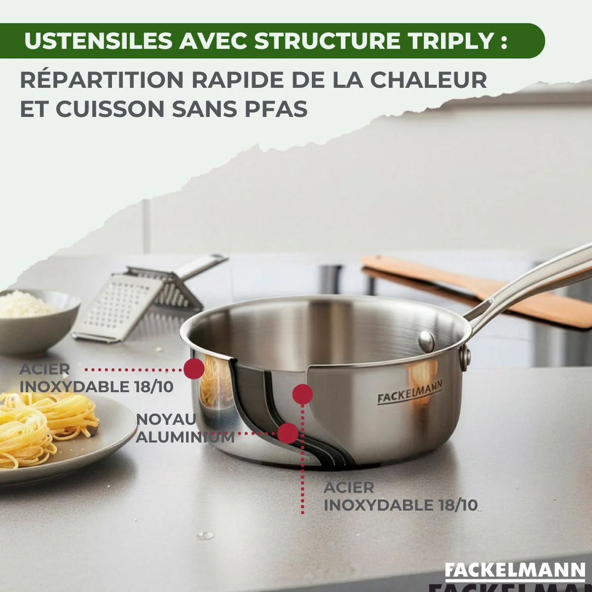 Batterie de cuisine avec 2 poêles 24/26 cm et 3 casseroles 14/16/18 cm en inox sans PFAS Fackelmann Vita3 - Image 5