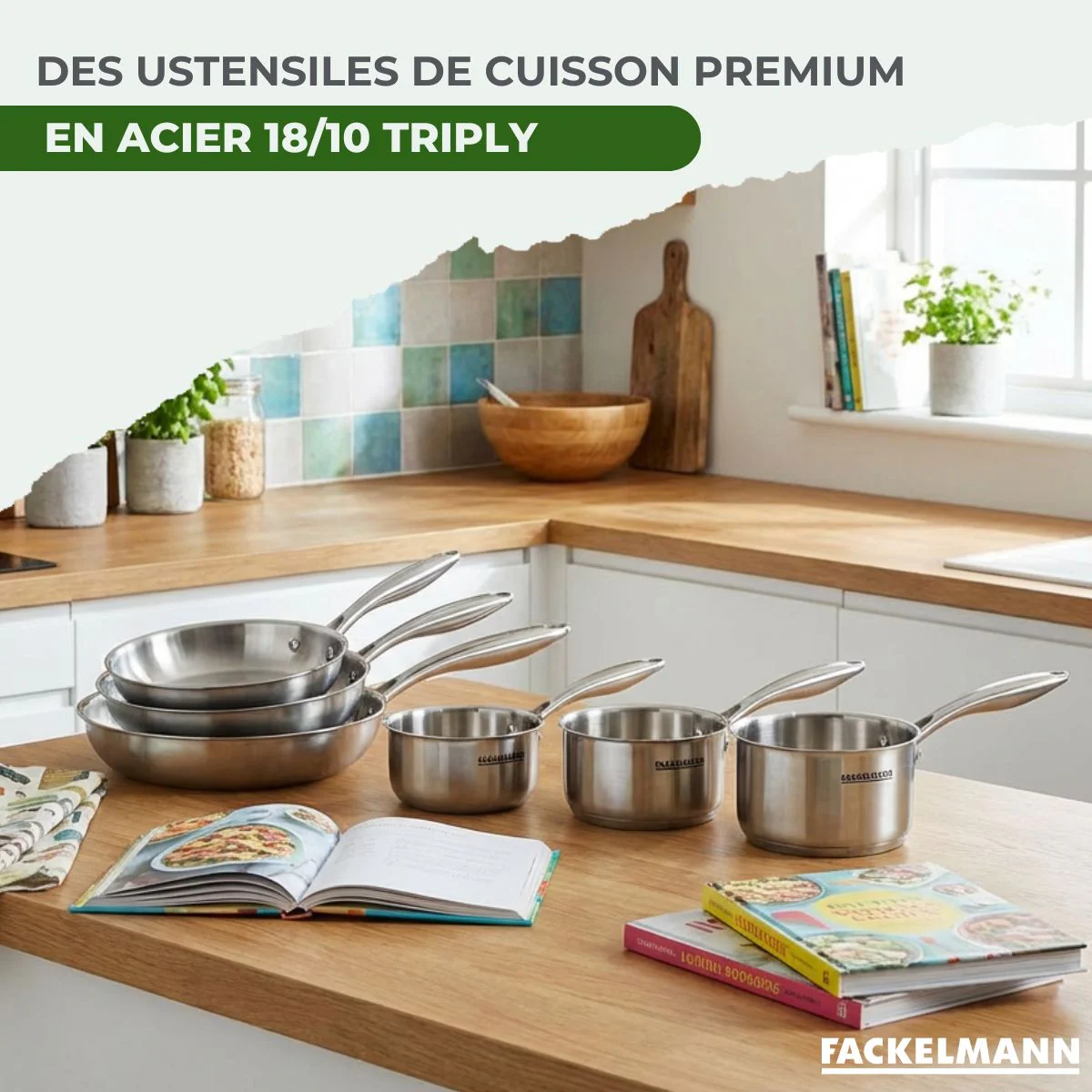 Batterie de cuisine avec 2 poêles 26/28 cm et 3 casseroles 14/16/18 cm en inox sans PFAS Fackelmann Vita3 - Image 4