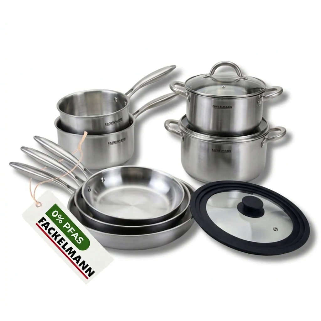 Batterie de cuisine avec 3 poêles 20/24/28 cm et 3 casseroles 14/16/18 cm et 1 couvercle de cuisson universel sans PFAS Fackelmann Vita3