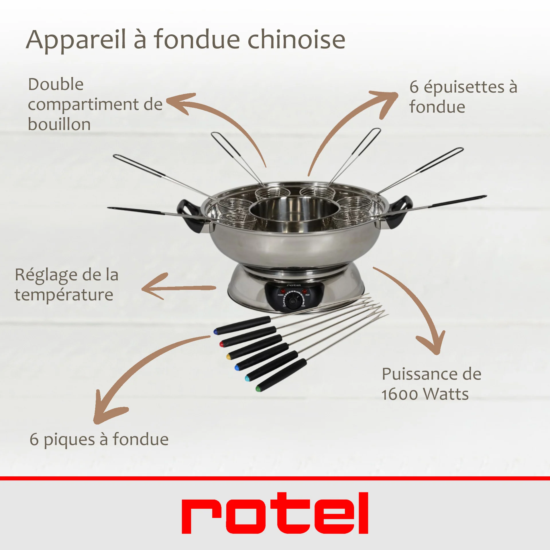 Appareil à fondue chinoise 2 compartiments avec fourchettes et passoires Rotel - Image 3