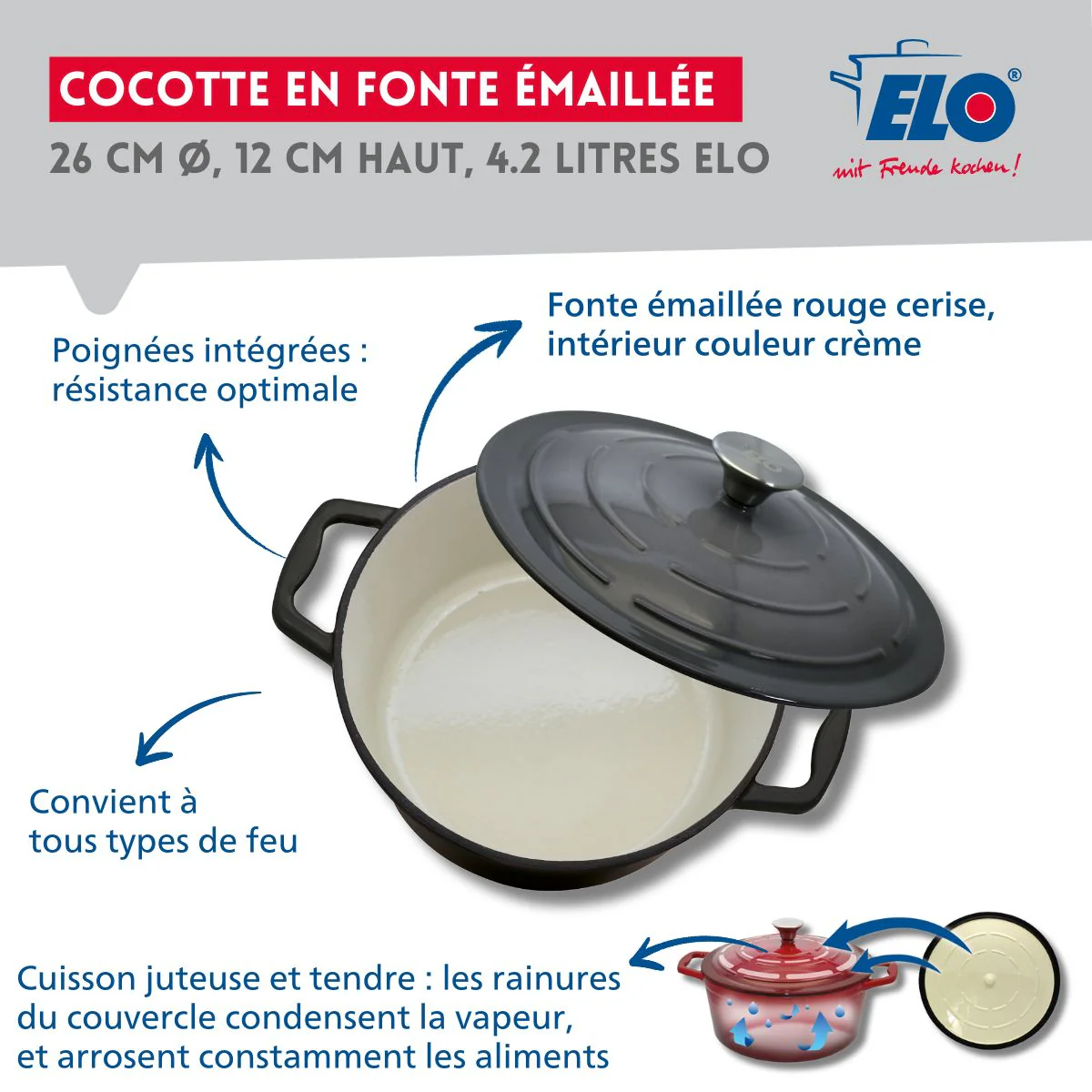 Cocotte 26 cm en fonte émaillée gris classique 4.5 L Elo - Image 3