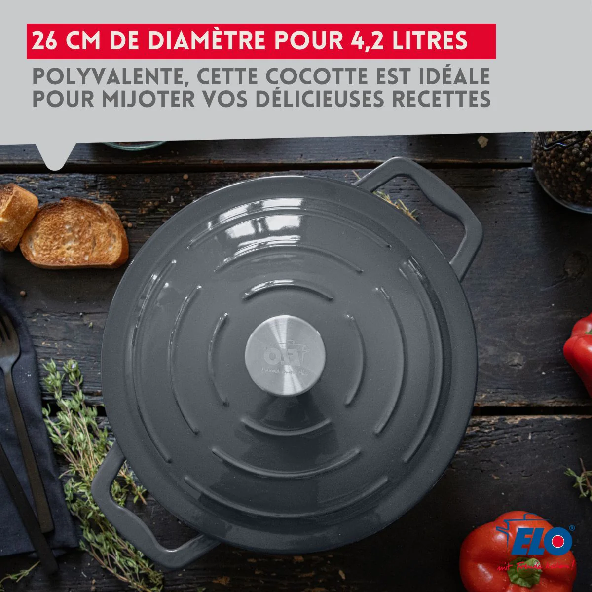 Cocotte 26 cm en fonte émaillée gris classique 4.5 L Elo - Image 5