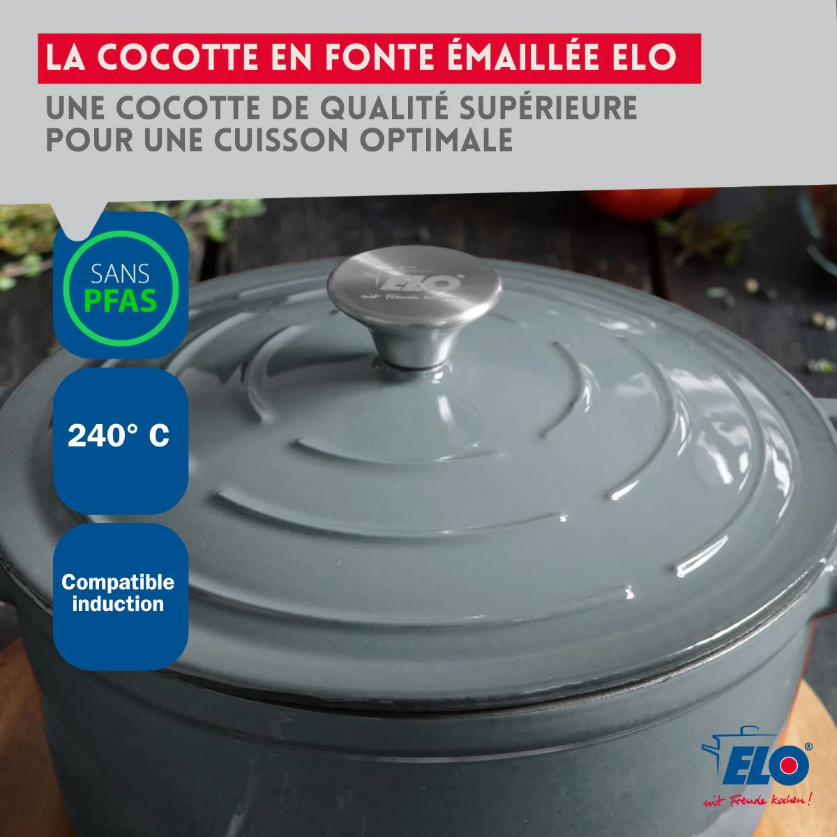 Cocotte 26 cm en fonte émaillée gris classique 4.5 L Elo - Image 6