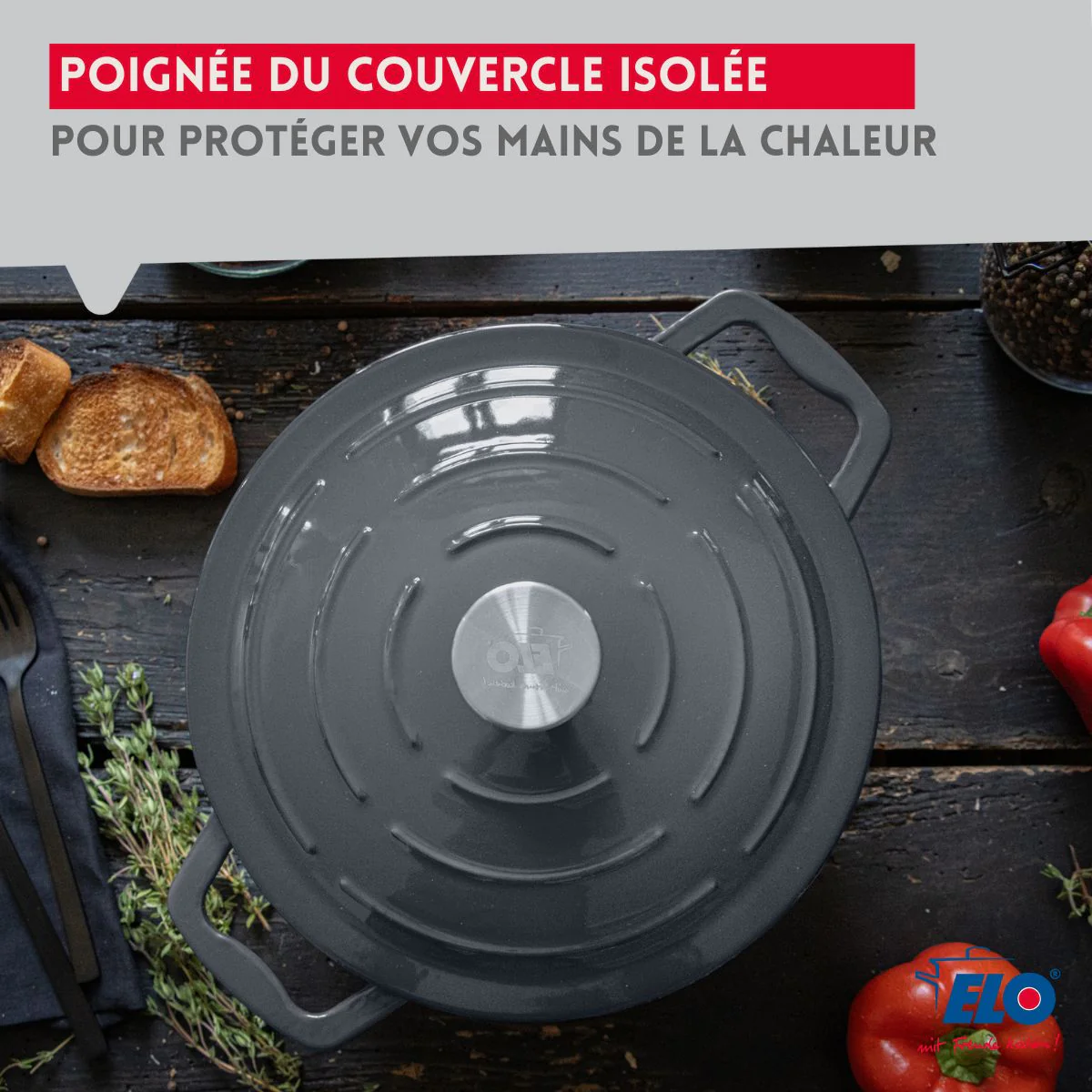 Cocotte 26 cm en fonte émaillée gris classique 4.5 L Elo - Image 7