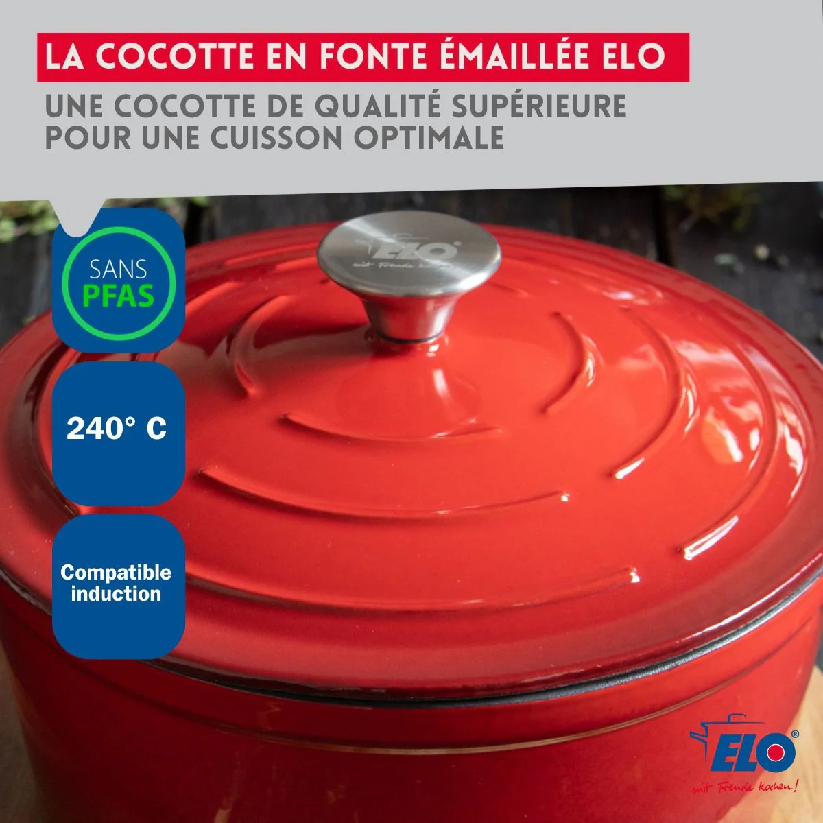 Cocotte en fonte émaillée 26 cm rouge cerise 4.5 L Elo - Image 6