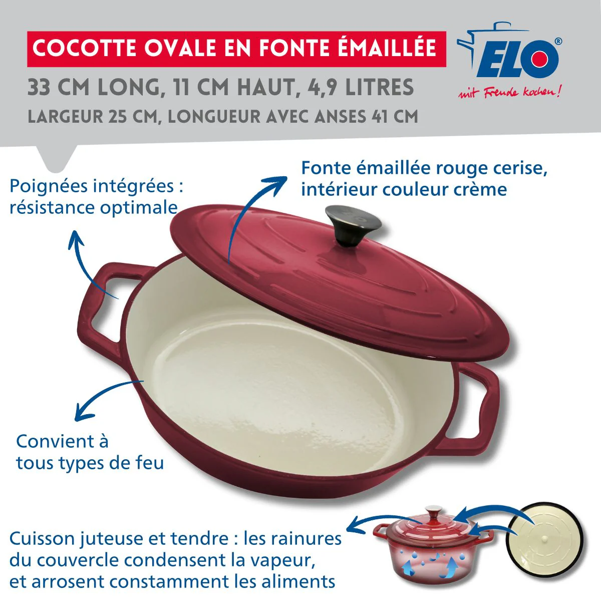 Cocotte ovale en fonte émaillée 33 cm de long rouge cerise 4,9 L Elo - Image 3