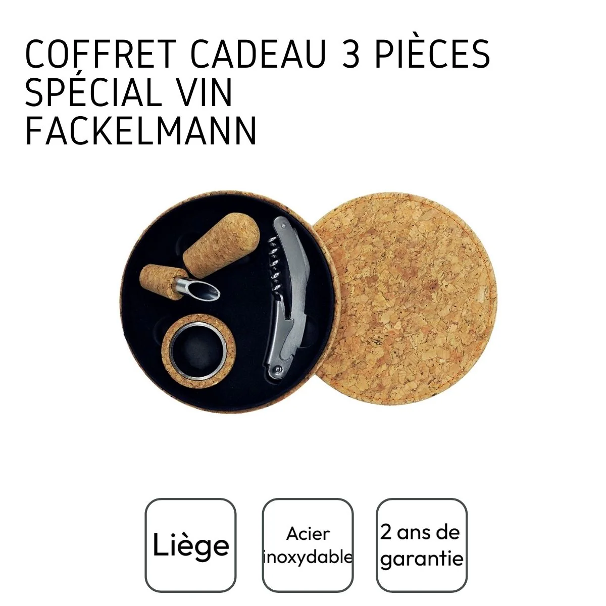 Coffret cadeau d'accessoires pour bouteille de vin 3 pièces avec boite en liège Fackelmann Gift - Image 4