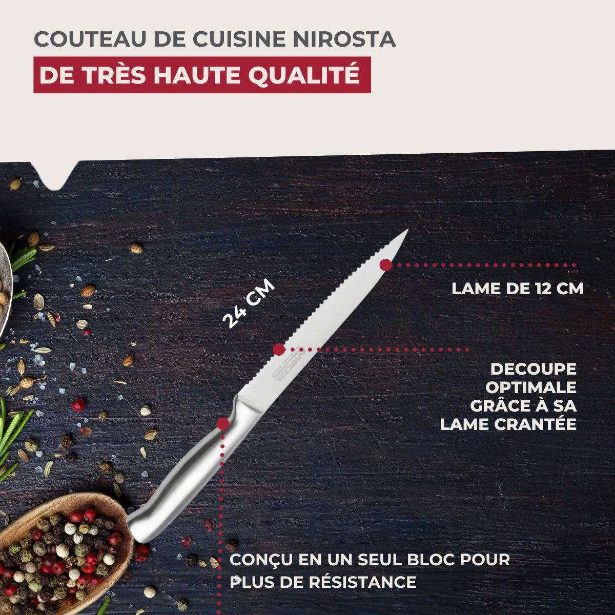 Couteau de cuisine professionnel 24 cm lame crantée Nirosta Star - Image 3