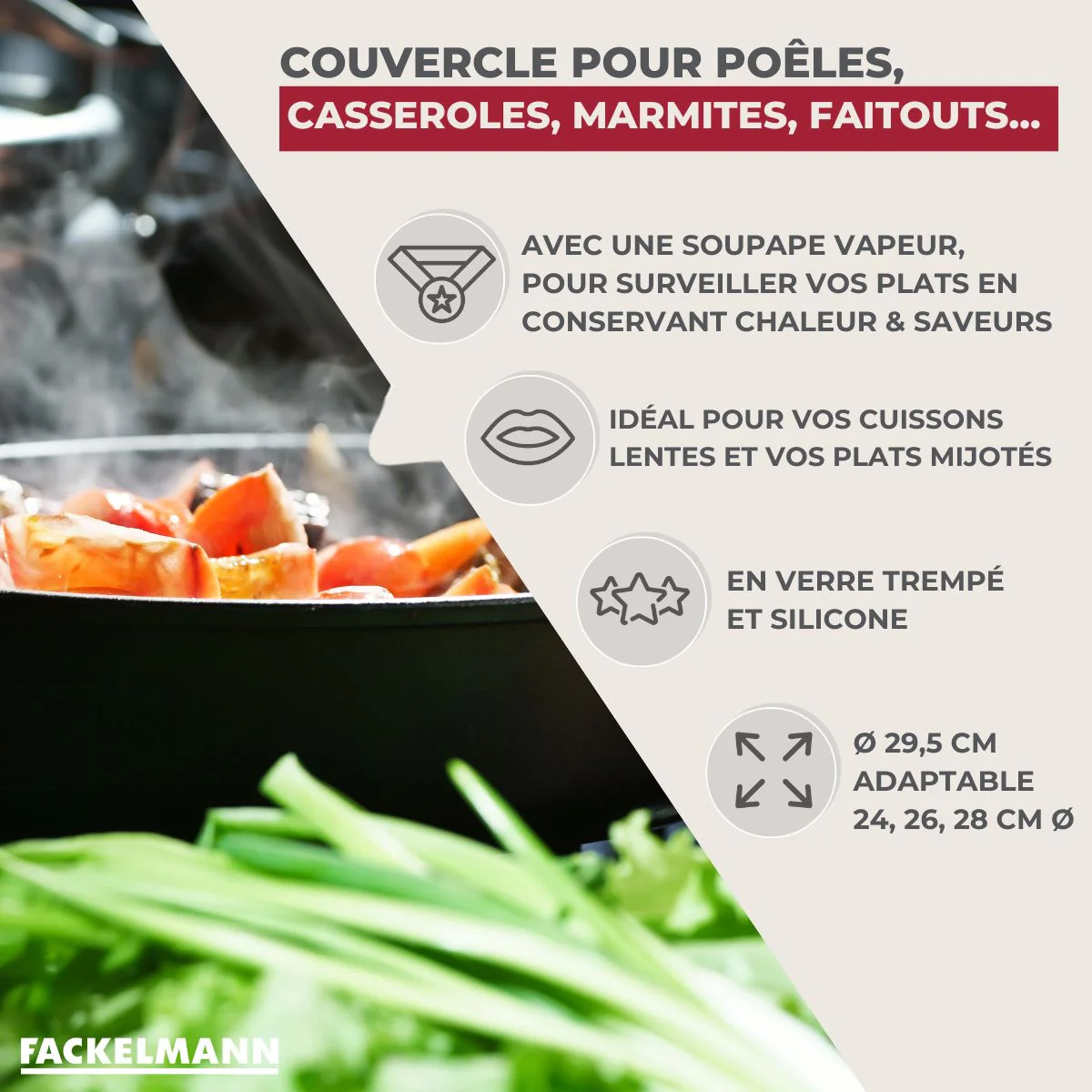 Couvercle de cuisson adaptable de 24 à 28 cm en verre et silicone Fackelmann - Image 3