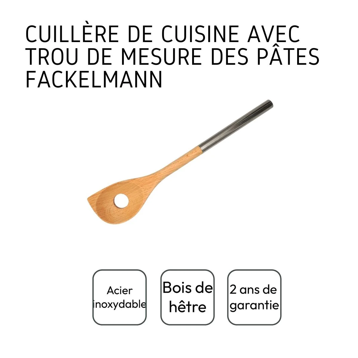 Cuillère en bois biseautée avec un trou manche inox 34 cm Fackelmann Boissellerie - Image 4