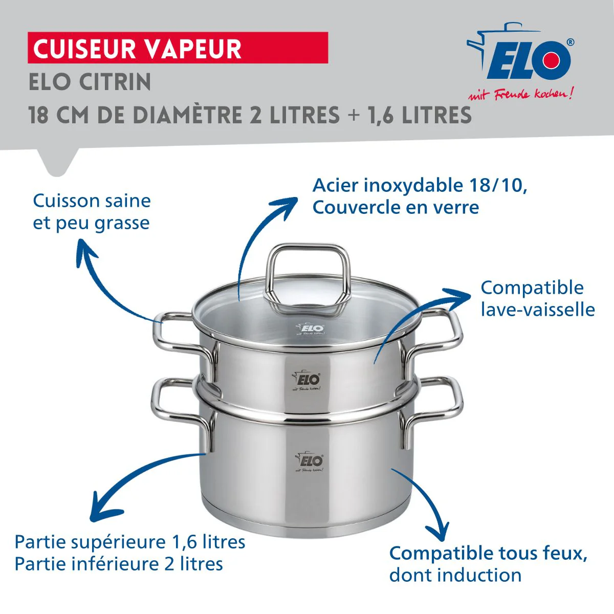 Cuiseur vapeur en inox 18 cm de 2 litres Elo Citrin - Image 3