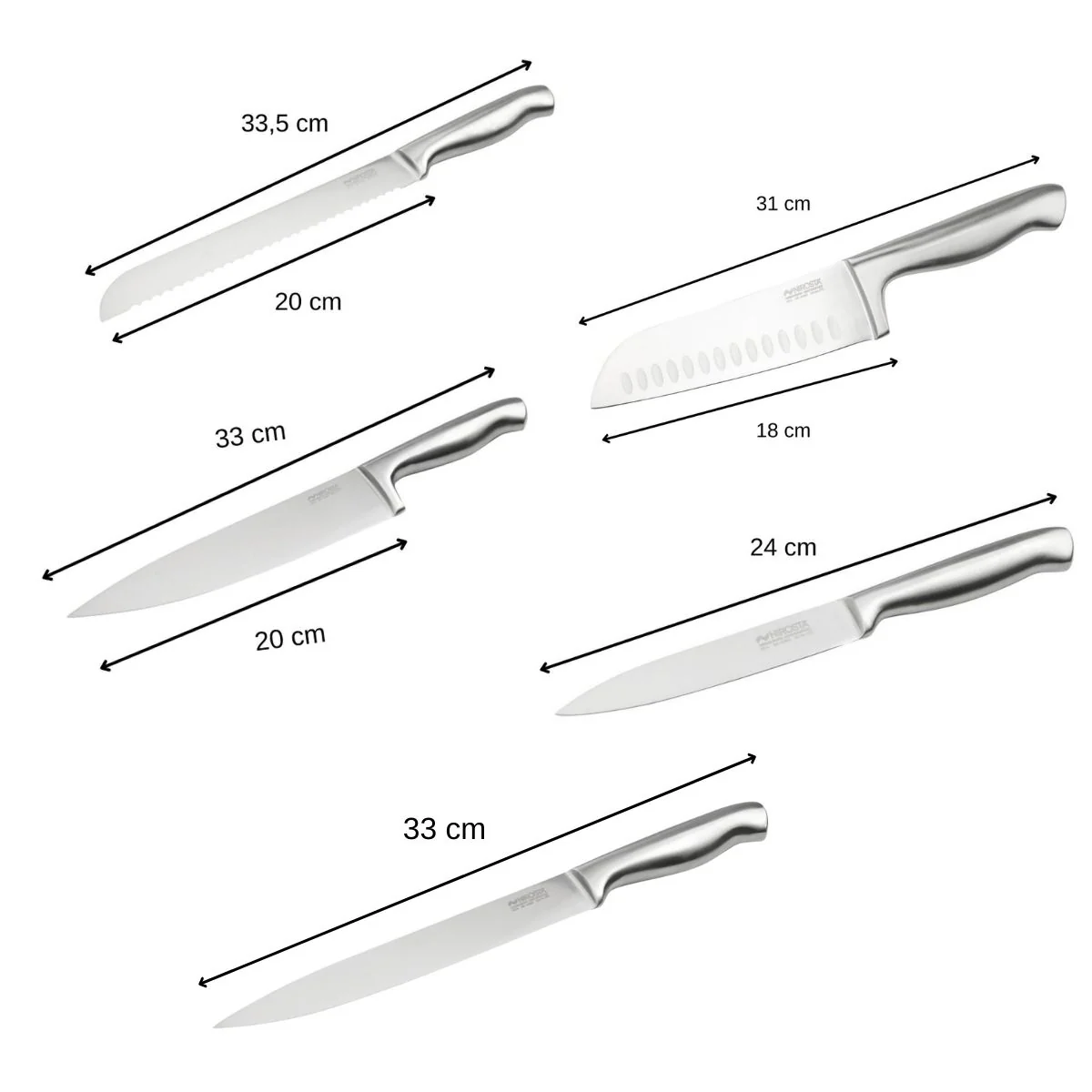 Ensemble de 5 couteaux de cuisine professionnels en inox de 24 à 33,5 cm Nirosta Star - Image 3