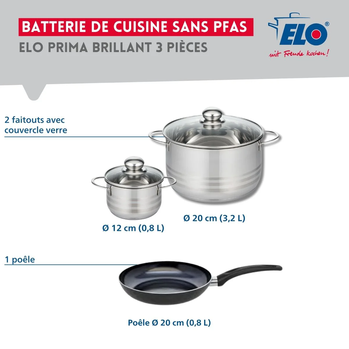 Ensemble de 1 Poêle de cuisson 20 cm et 2 faitouts 12 et 20 cm Elo Prima Brillant - Image 2