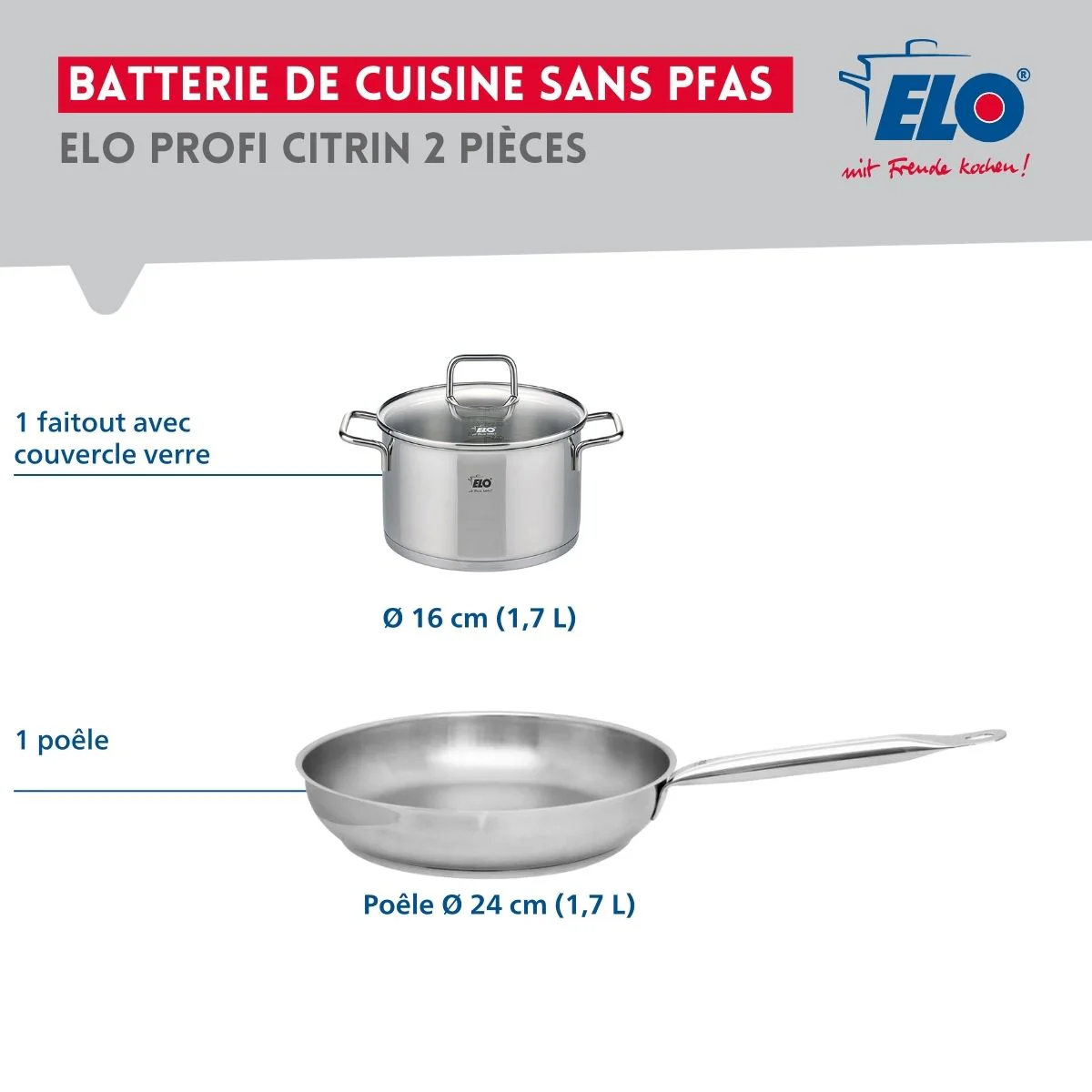 Ensemble de 1 Poêle de cuisson 24 cm et 1 faitout 16 cm Elo Profi Citrin - Image 2