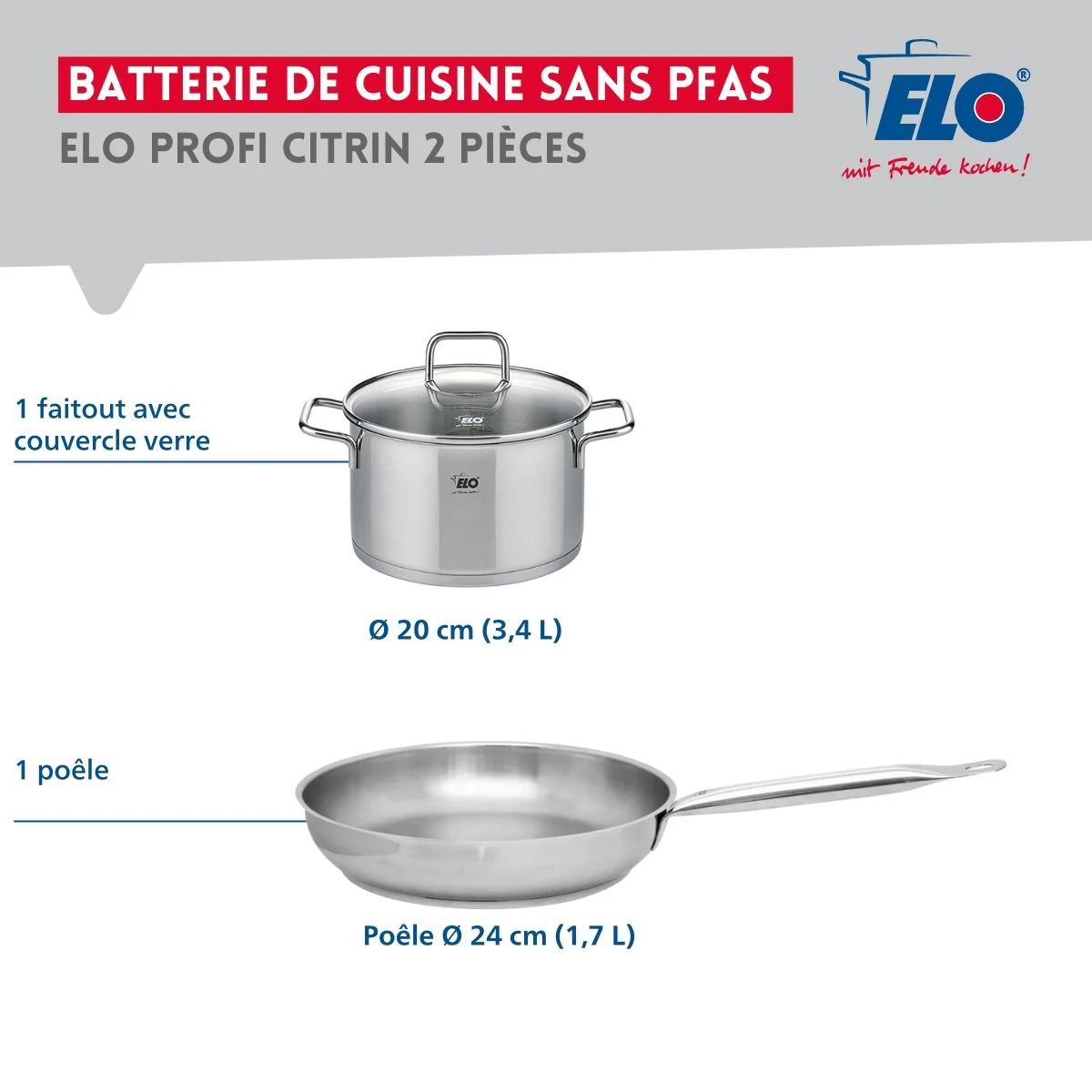 Ensemble de 1 Poêle de cuisson 24 cm et 1 faitout 20 cm Elo Profi Citrin - Image 2