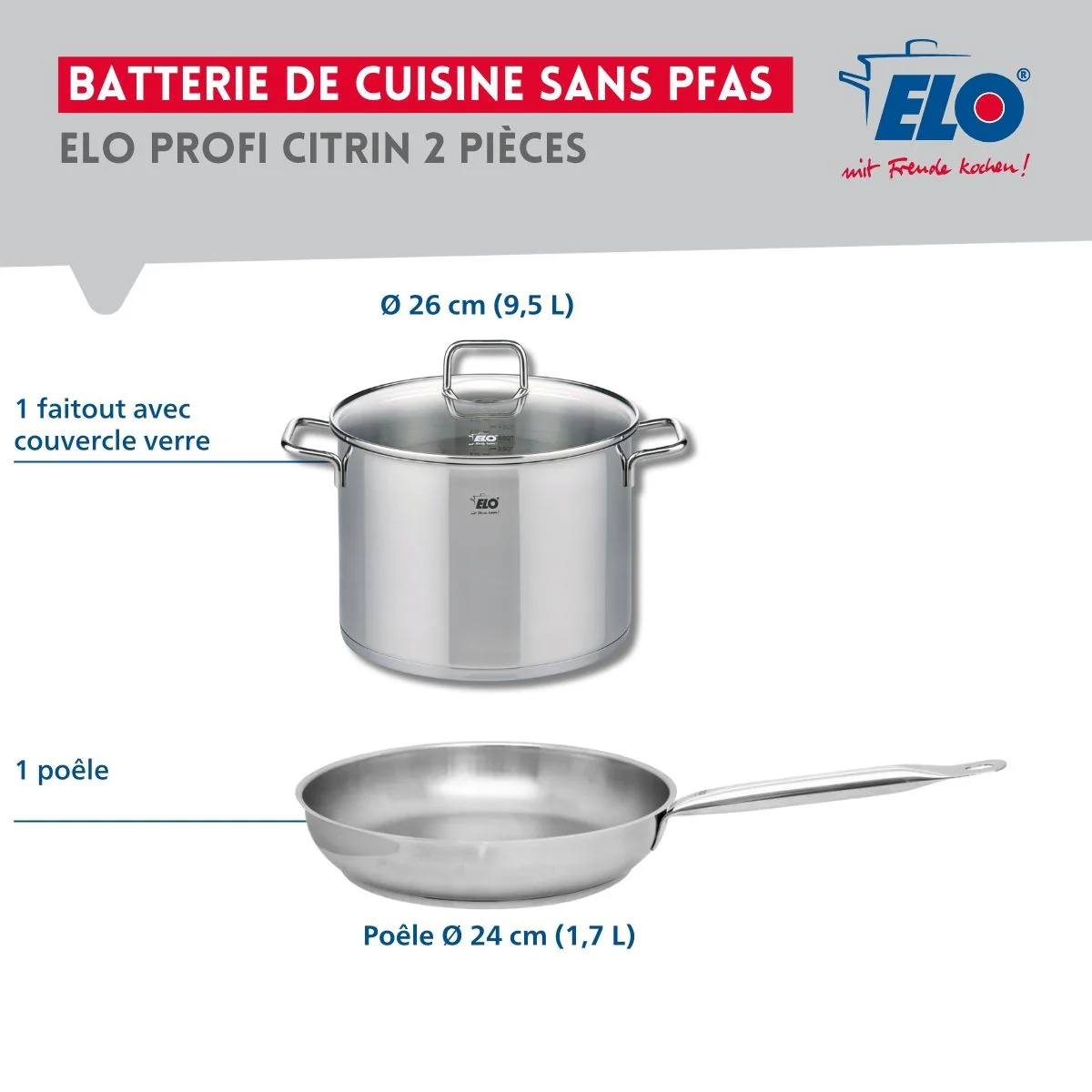 Ensemble de 1 Poêle de cuisson 24 cm et 1 faitout 26 cm Elo Profi Citrin - Image 2