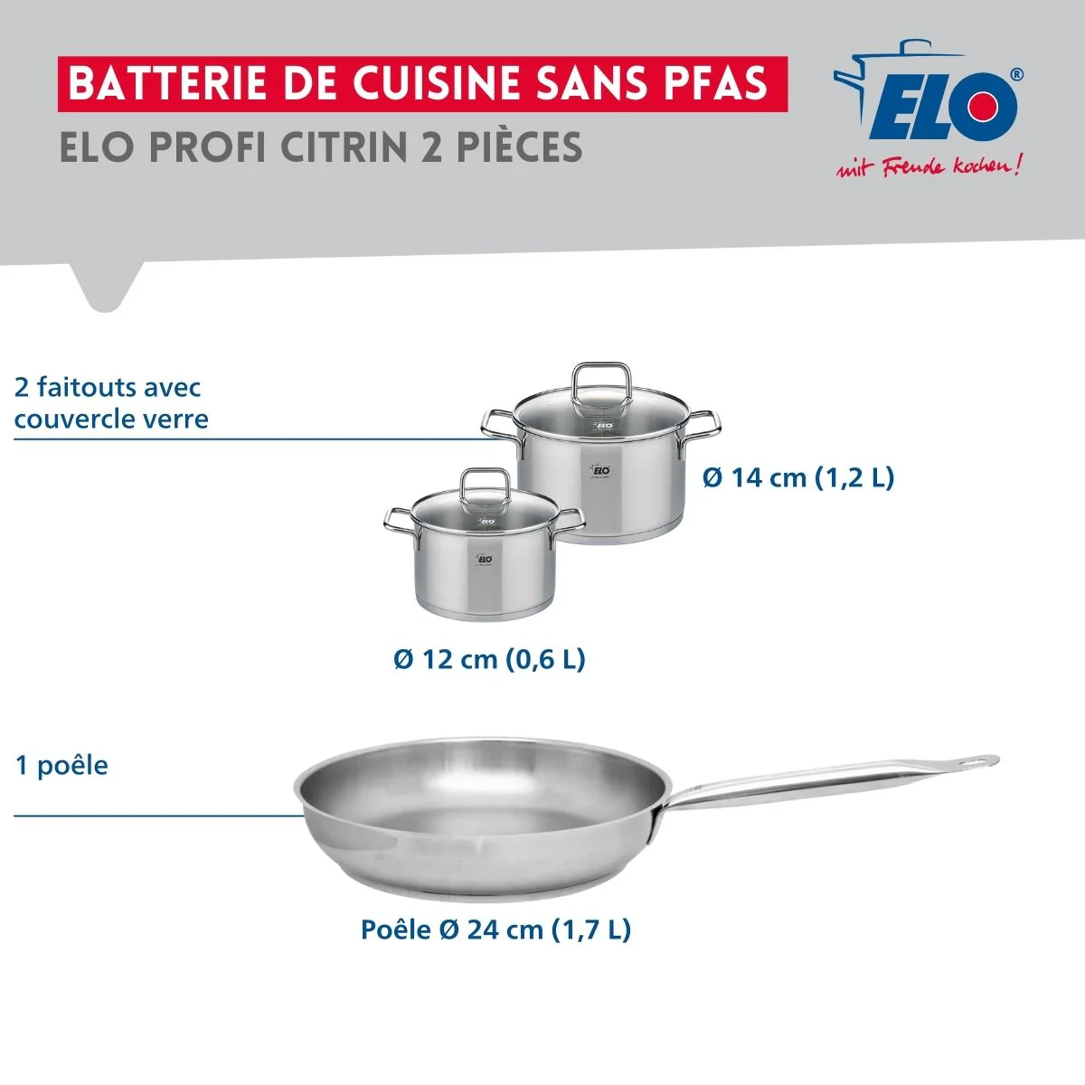 Ensemble de 1 Poêle de cuisson 24 cm et 2 faitouts 12 et 14 cm Elo Profi Citrin - Image 2