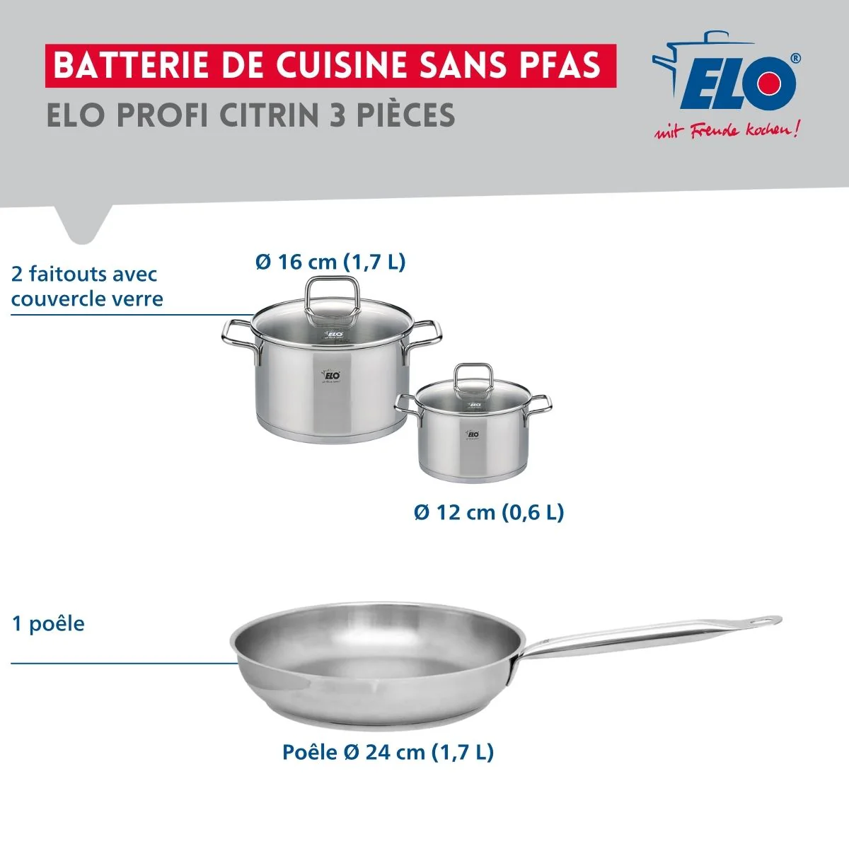 Ensemble de 1 Poêle de cuisson 24 cm et 2 faitouts 12 et 16 cm Elo Profi Citrin - Image 2