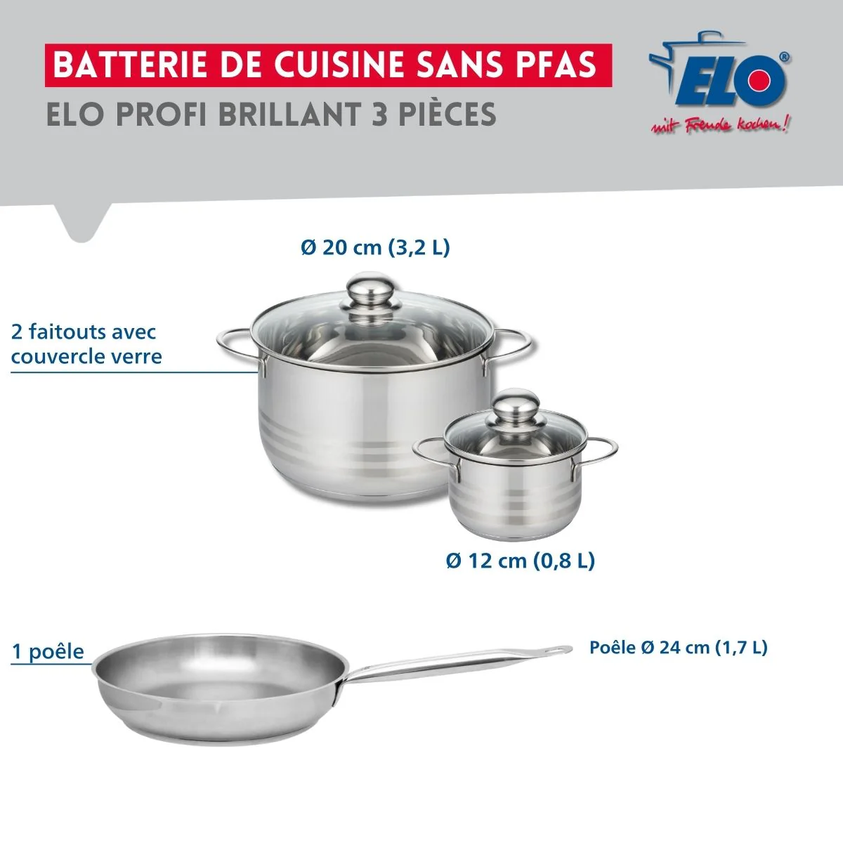 Ensemble de 1 Poêle de cuisson 24 cm et 2 faitouts 12 et 20 cm Elo Profi Brillant - Image 2