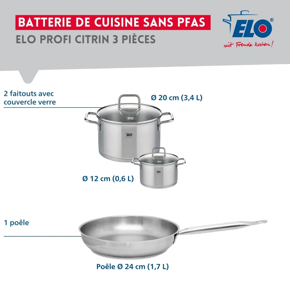 Ensemble de 1 Poêle de cuisson 24 cm et 2 faitouts 12 et 20 cm Elo Profi Citrin - Image 2