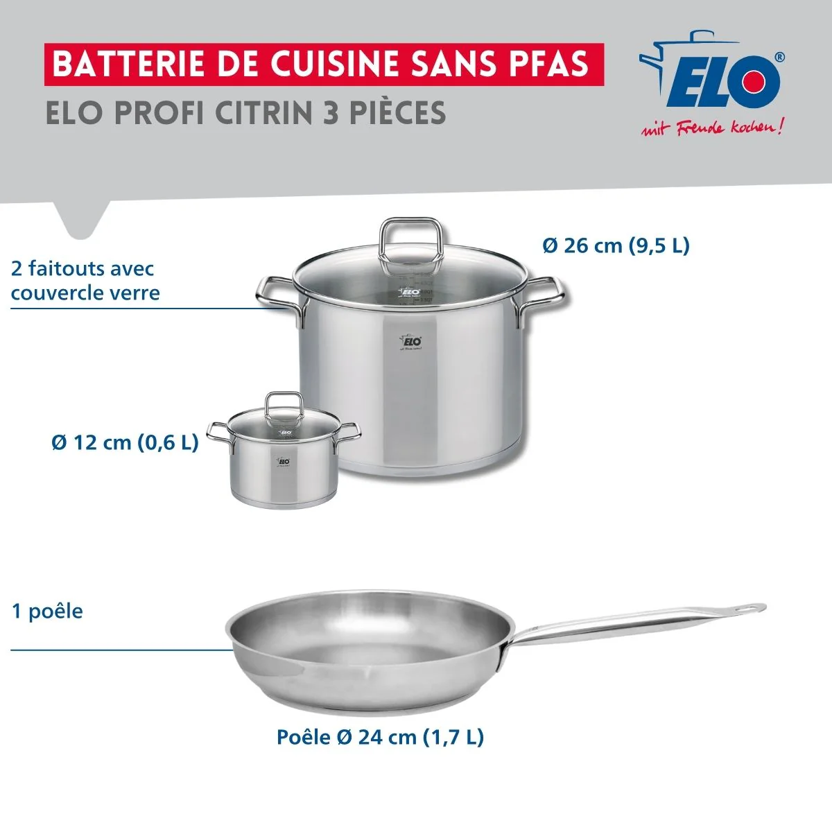 Ensemble de 1 Poêle de cuisson 24 cm et 2 faitouts 12 et 26 cm Elo Profi Citrin - Image 2