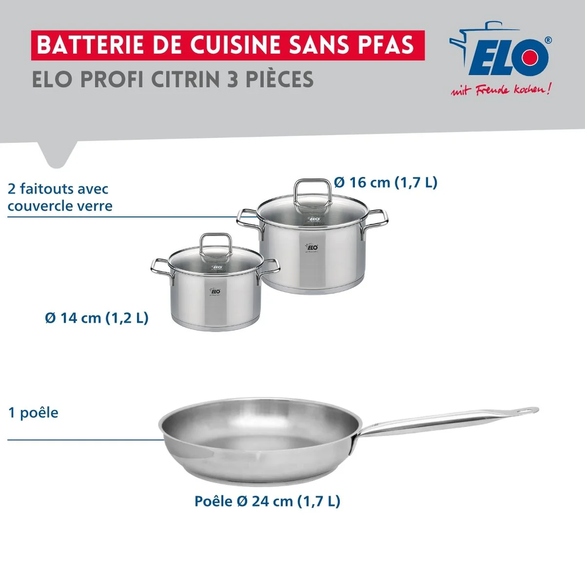 Ensemble de 1 Poêle de cuisson 24 cm et 2 faitouts 14 et 16 cm Elo Profi Citrin - Image 2