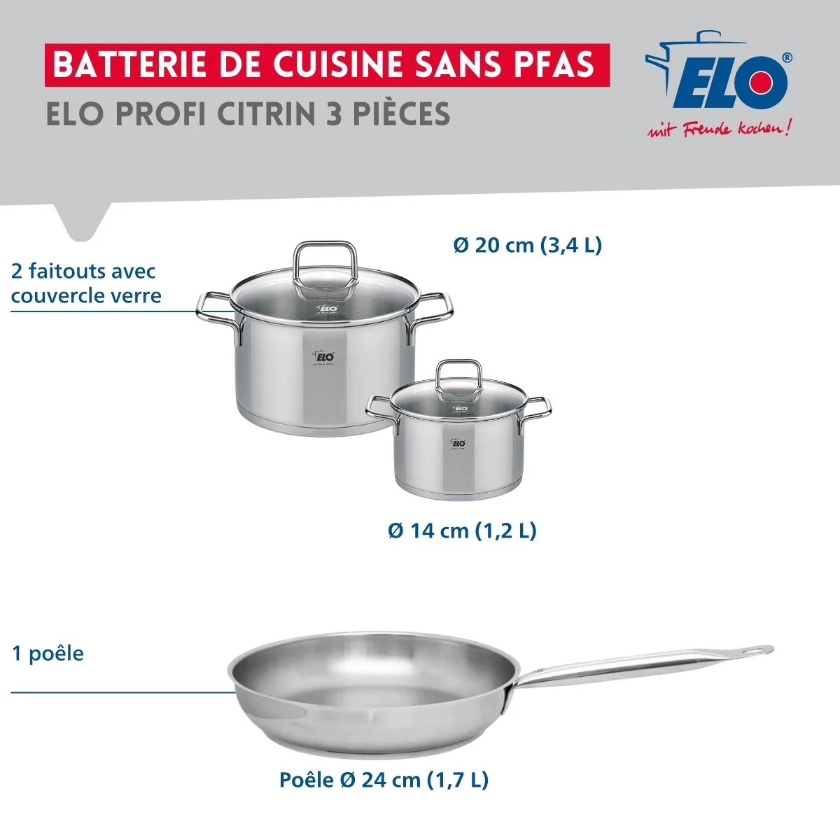 Ensemble de 1 Poêle de cuisson 24 cm et 2 faitouts 14 et 20 cm Elo Profi Citrin - Image 2