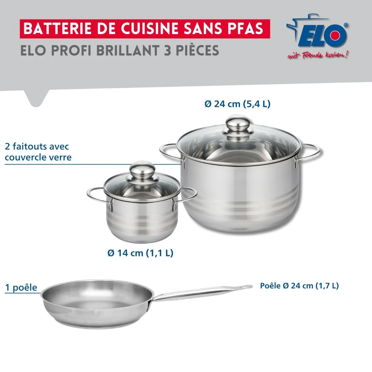 Ensemble de 1 Poêle de cuisson 24 cm et 2 faitouts 14 et 24 cm Elo Profi Brillant - Image 2