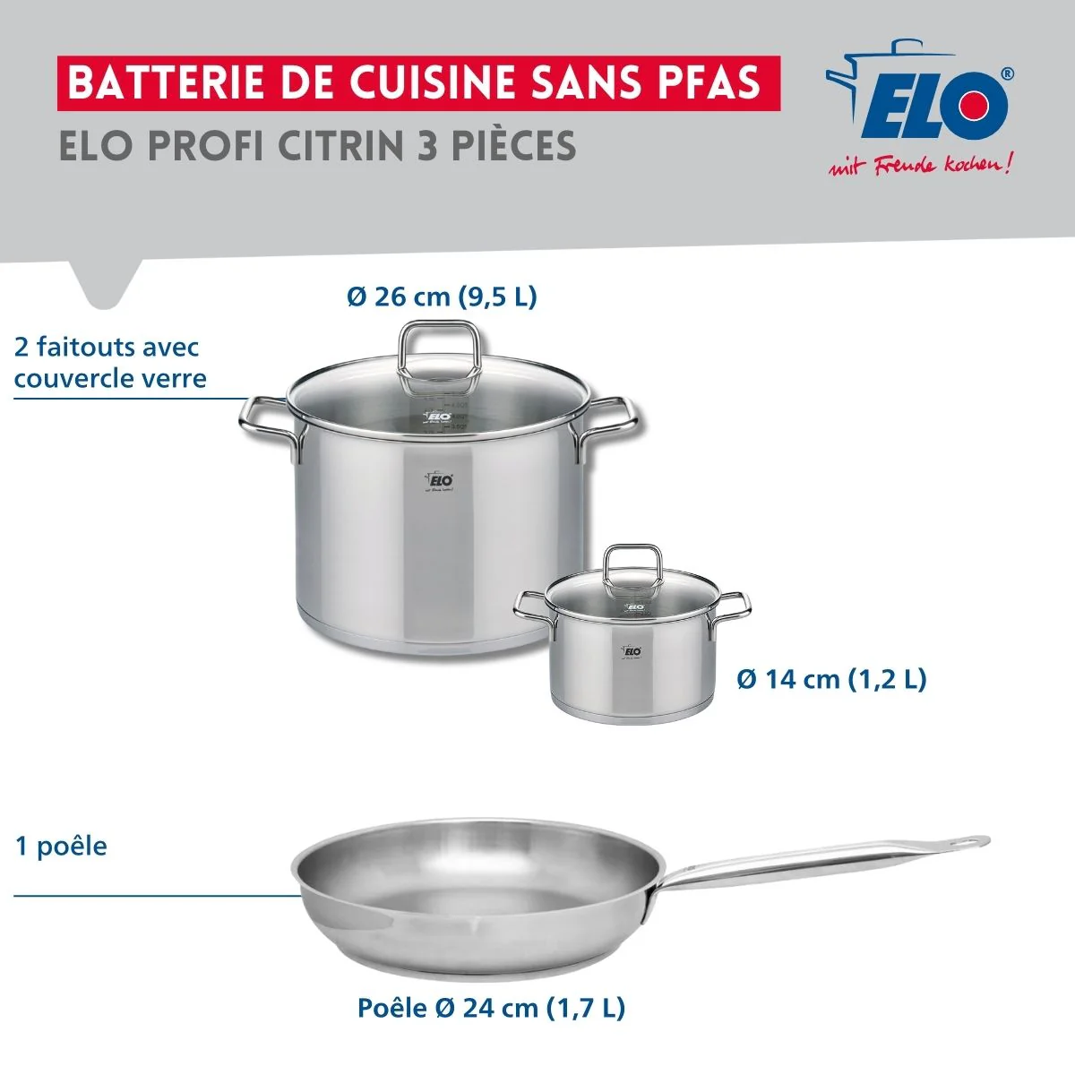Ensemble de 1 Poêle de cuisson 24 cm et 2 faitouts 14 et 26 cm Elo Profi Citrin - Image 2