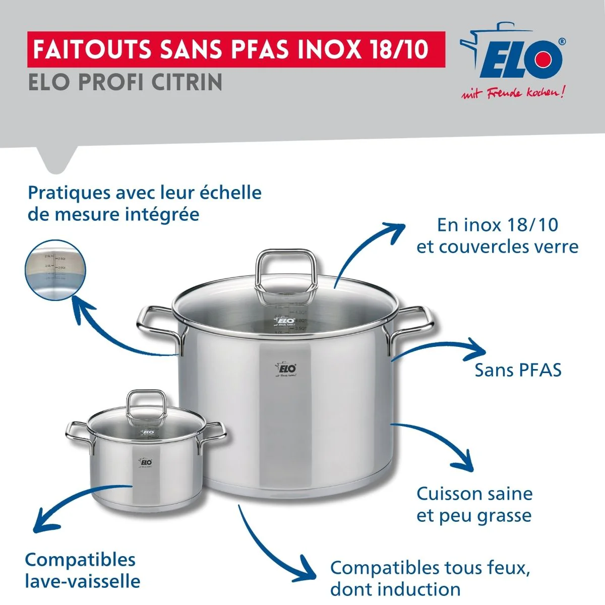 Ensemble de 1 Poêle de cuisson 24 cm et 2 faitouts 14 et 26 cm Elo Profi Citrin - Image 3