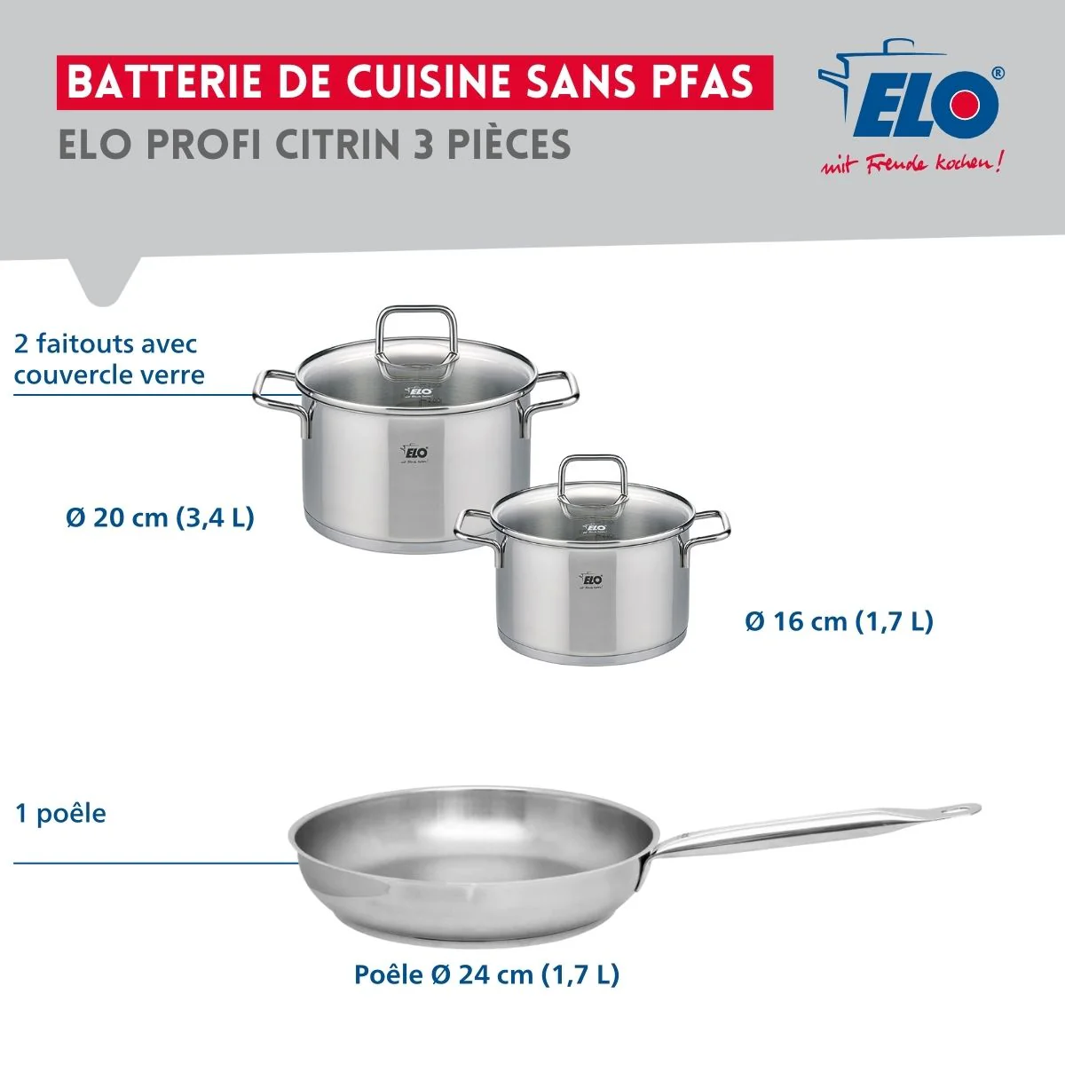 Ensemble de 1 Poêle de cuisson 24 cm et 2 faitouts 16 et 20 cm Elo Profi Citrin - Image 2