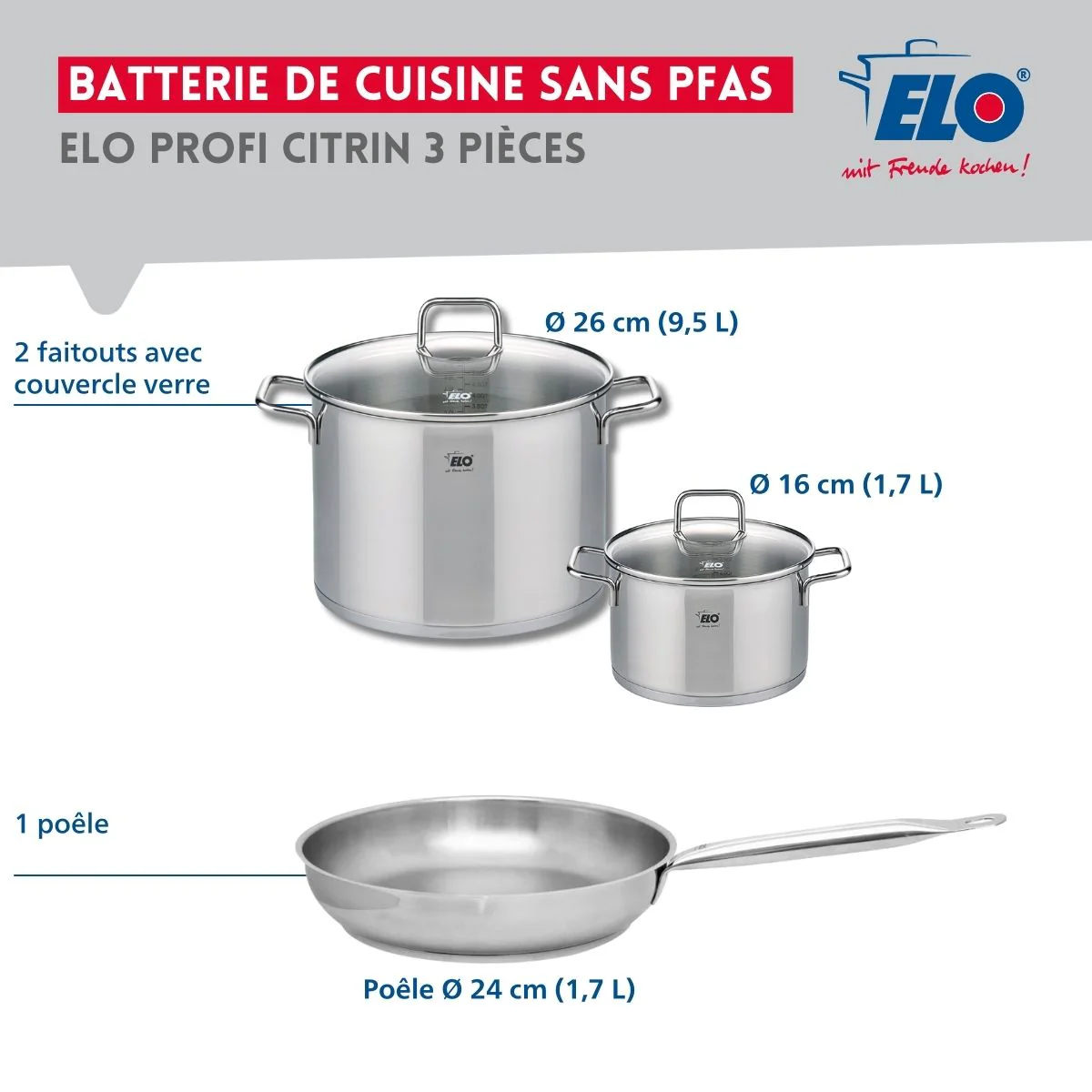 Ensemble de 1 Poêle de cuisson 24 cm et 2 faitouts 16 et 26 cm Elo Profi Citrin - Image 2