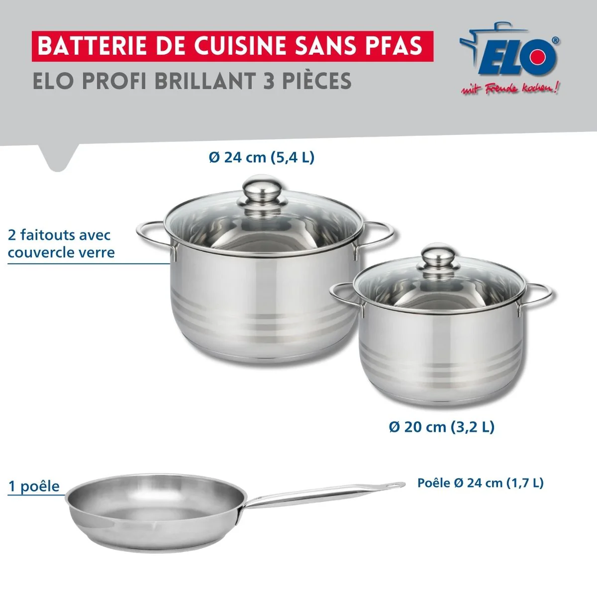 Ensemble de 1 Poêle de cuisson 24 cm et 2 faitouts 20 et 24 cm Elo Profi Brillant - Image 2