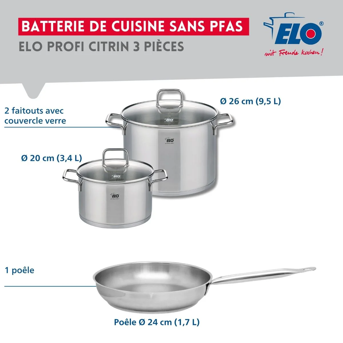 Ensemble de 1 Poêle de cuisson 24 cm et 2 faitouts 20 et 26 cm Elo Profi Citrin - Image 2