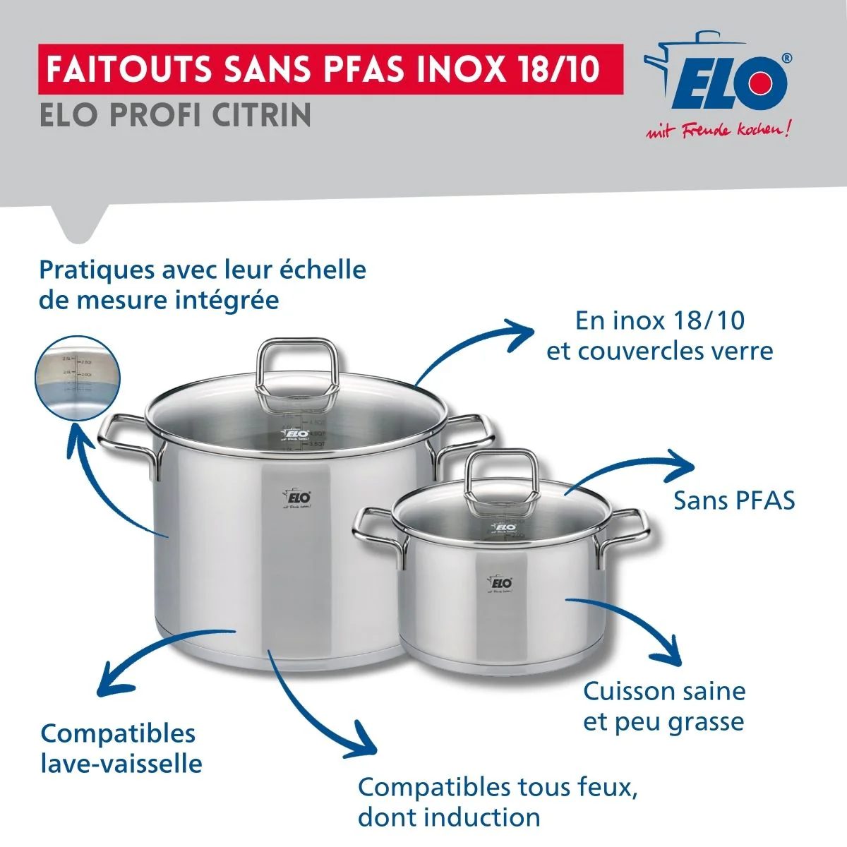 Ensemble de 1 Poêle de cuisson 24 cm et 2 faitouts 20 et 26 cm Elo Profi Citrin - Image 3