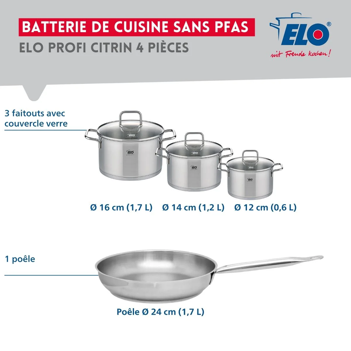 Ensemble de 1 Poêle de cuisson 24 cm et 3 faitouts 12, 14 et 16 cm Elo Profi Citrin - Image 2