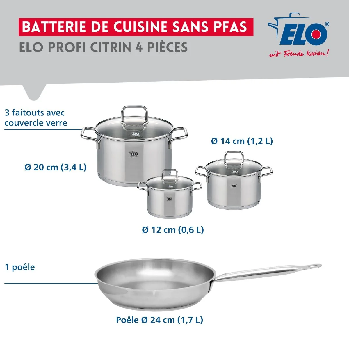Ensemble de 1 Poêle de cuisson 24 cm et 3 faitouts 12, 14 et 20 cm Elo Profi Citrin - Image 2