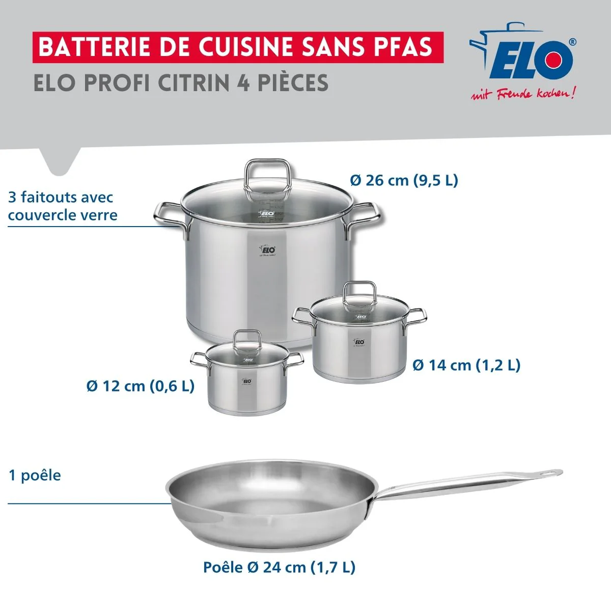 Ensemble de 1 Poêle de cuisson 24 cm et 3 faitouts 12, 14 et 26 cm Elo Profi Citrin - Image 2