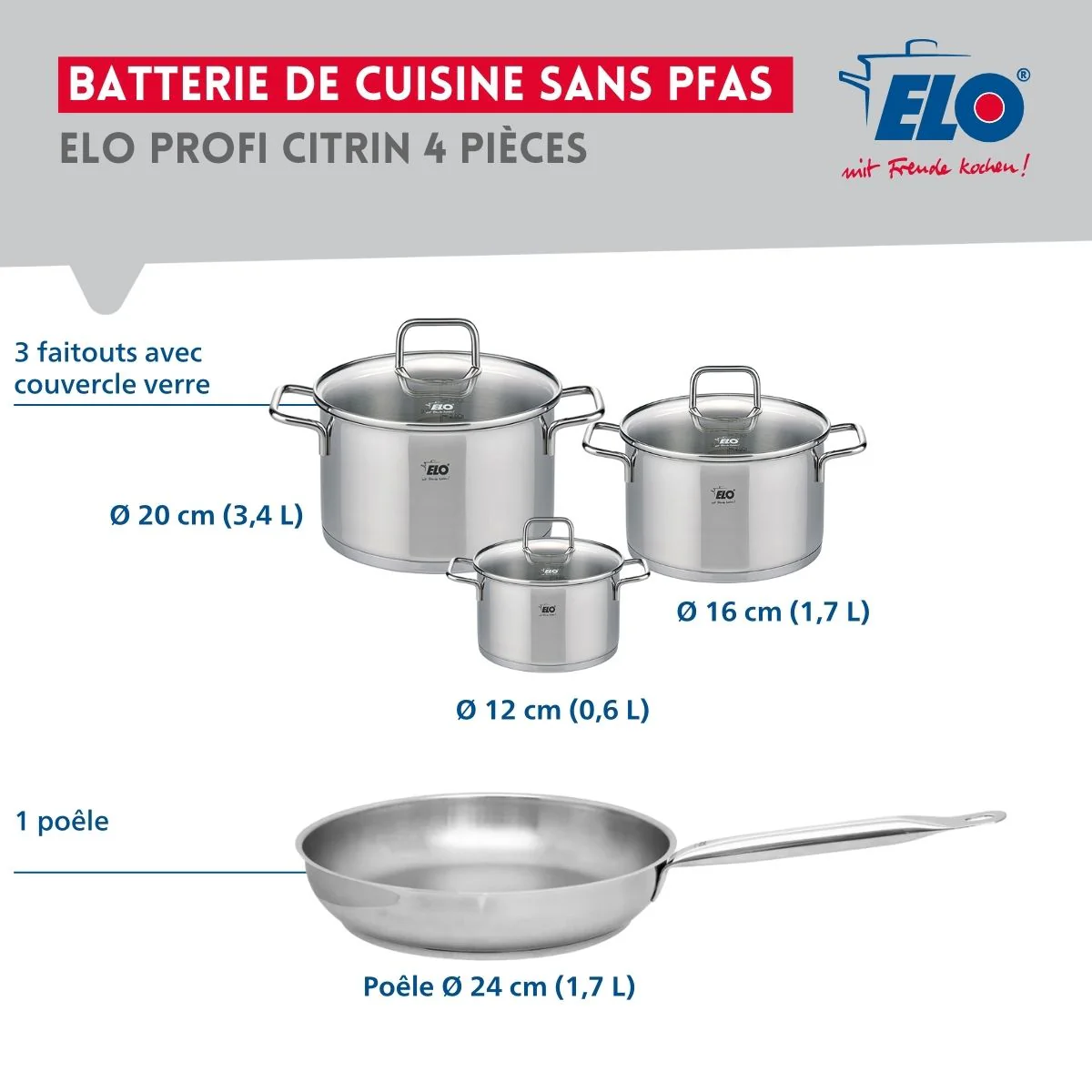 Ensemble de 1 Poêle de cuisson 24 cm et 3 faitouts 12, 16 et 20 cm Elo Profi Citrin - Image 2