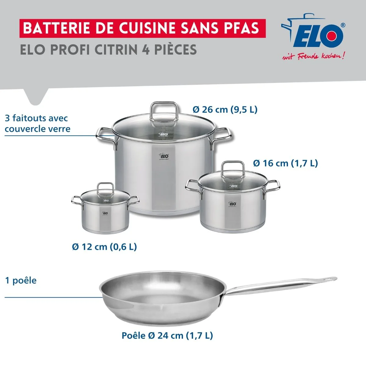 Ensemble de 1 Poêle de cuisson 24 cm et 3 faitouts 12, 16 et 26 cm Elo Profi Citrin - Image 2