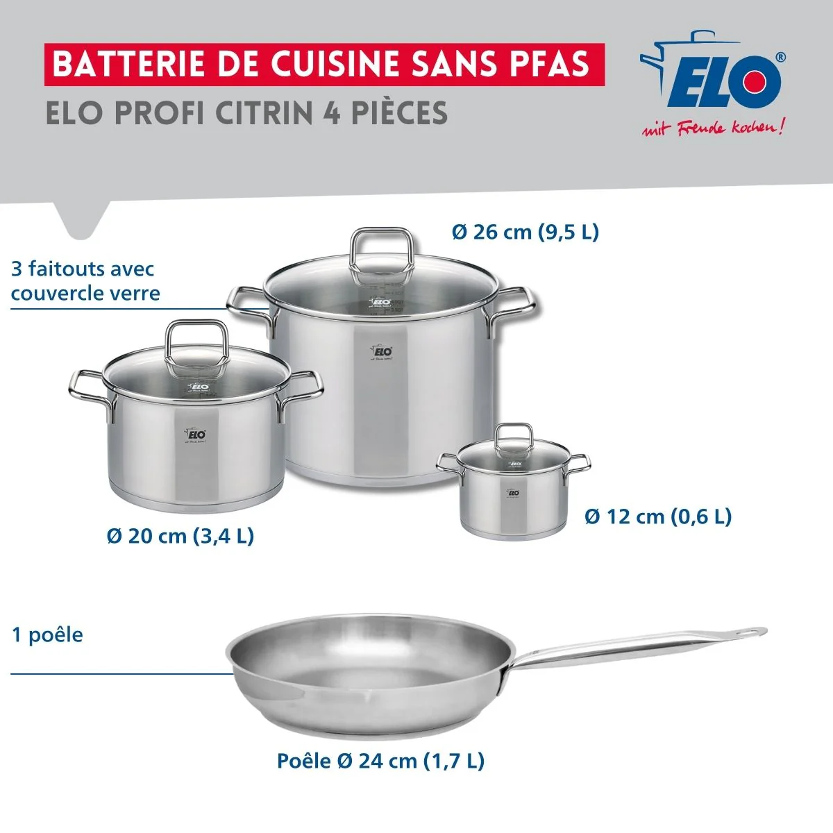 Ensemble de 1 Poêle de cuisson 24 cm et 3 faitouts 12, 20 et 26 cm Elo Profi Citrin - Image 2