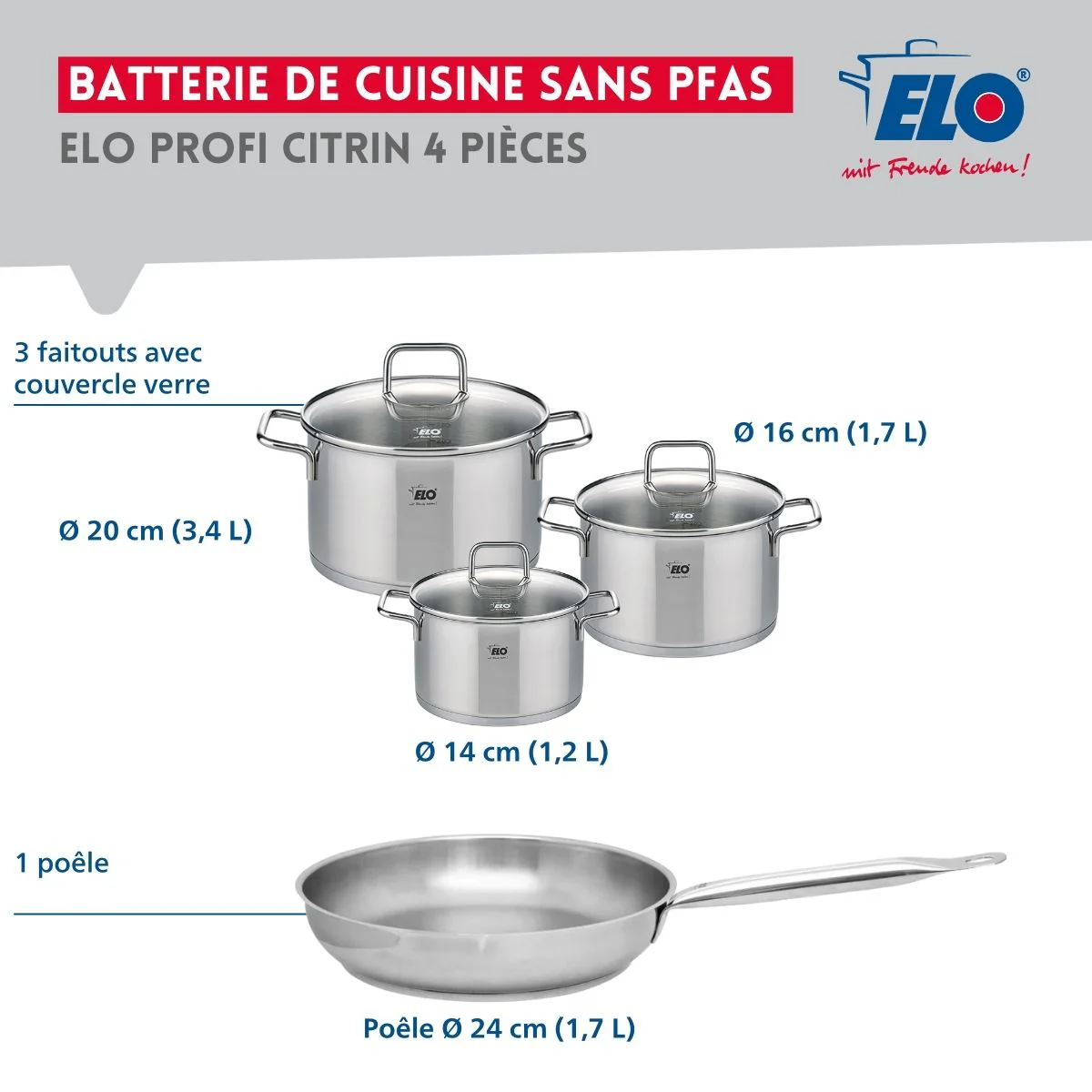 Ensemble de 1 Poêle de cuisson 24 cm et 3 faitouts 14, 16 et 20 cm Elo Profi Citrin - Image 2