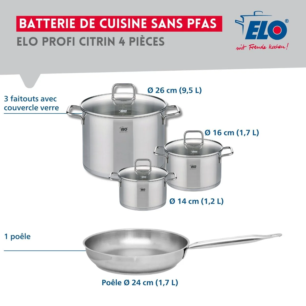 Ensemble de 1 Poêle de cuisson 24 cm et 3 faitouts 14, 16 et 26 cm Elo Profi Citrin - Image 2