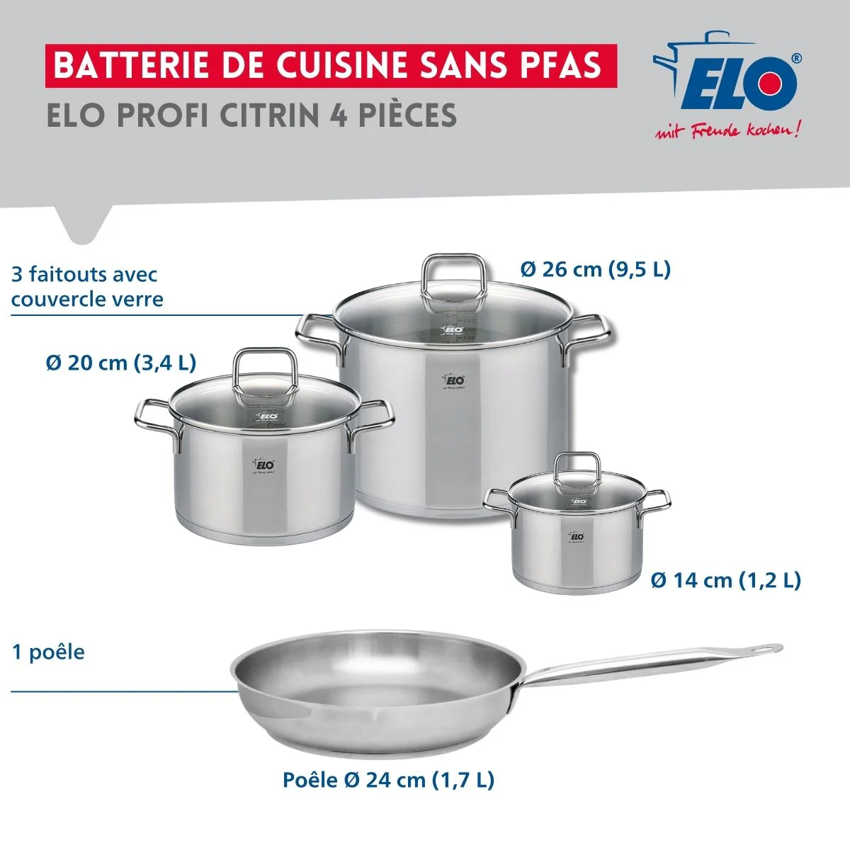 Ensemble de 1 Poêle de cuisson 24 cm et 3 faitouts 14, 20 et 26 cm Elo Profi Citrin - Image 2