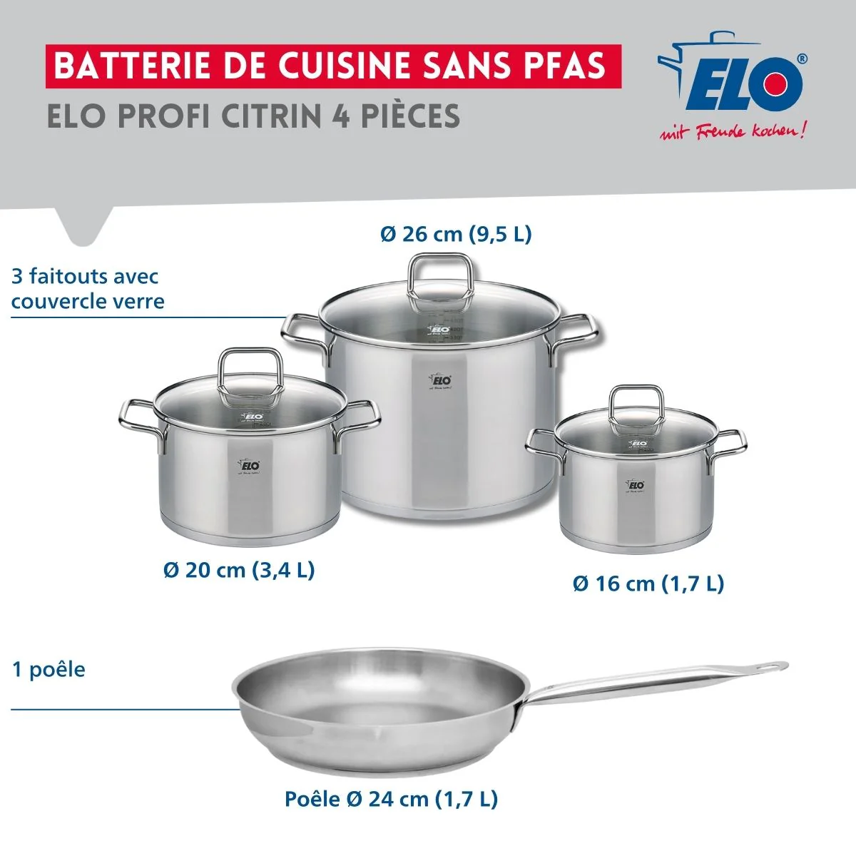 Ensemble de 1 Poêle de cuisson 24 cm et 3 faitouts 16, 20 et 26 cm Elo Profi Citrin - Image 2